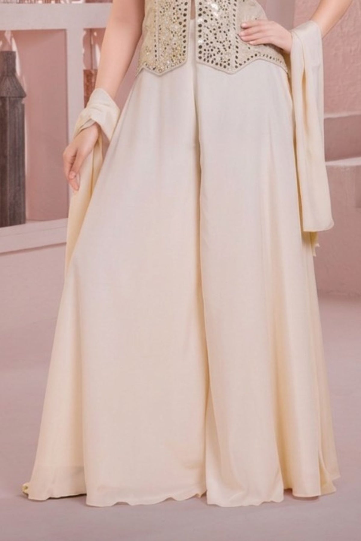 Cream Mirror Embellished Palazzo Set With Dupatta