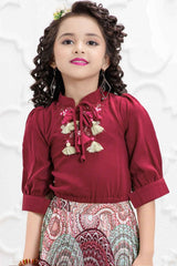 Maroon Embroidered Top and Printed Casual Skirt Set For Girls