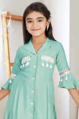 Green Bell Sleeves With Sequins Work And Embroidered Dress For Girls