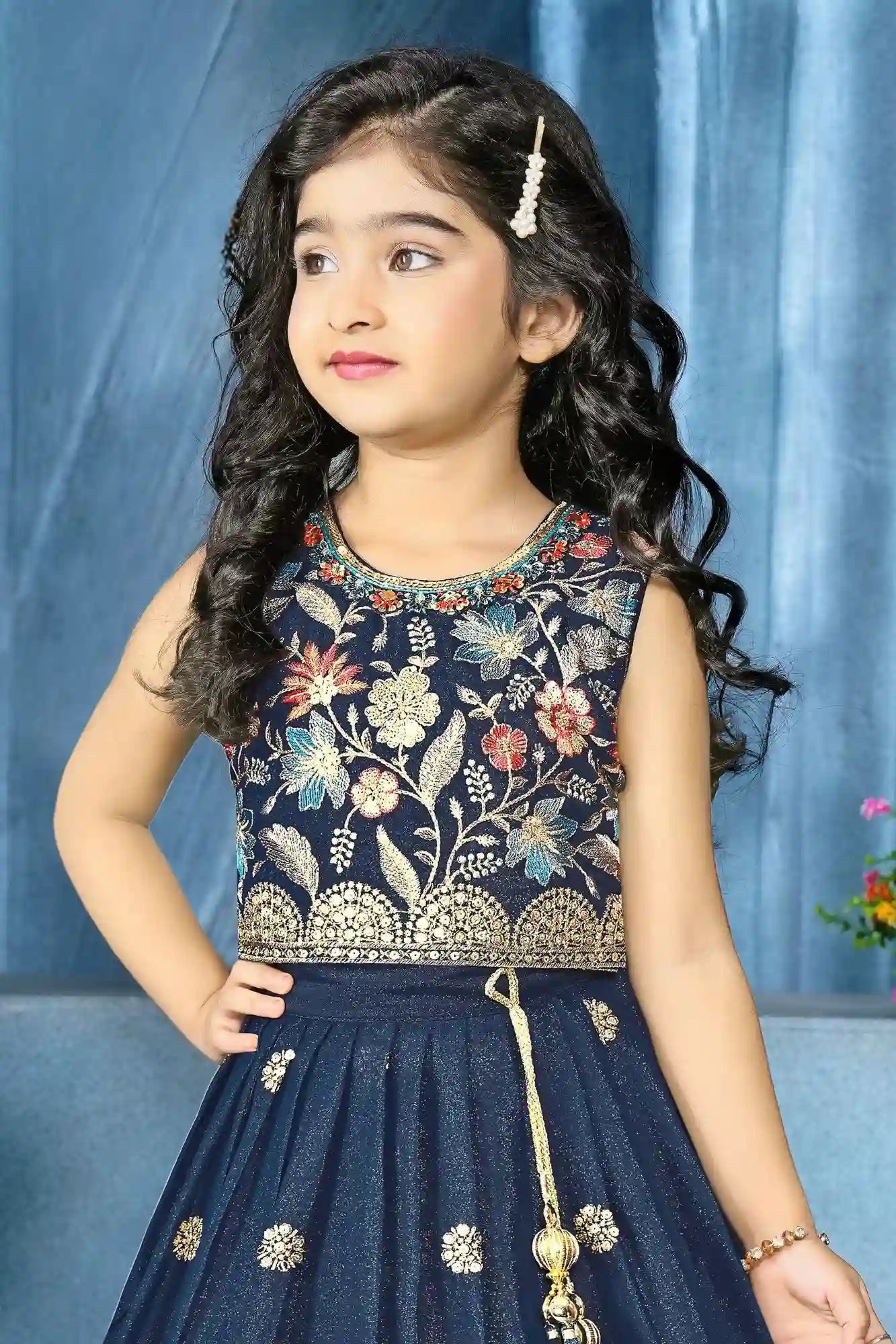 Navy Blue Floral Embroidered Lehenga Choli Set For Girls
