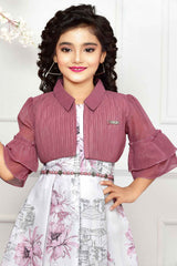 White Printed Frock With Onion Pink Ruffle Sleeves Overcoat For Girls