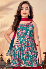 Teal blue And Red Printed And Sequin Top With Dhoti Bottom Set For Girls