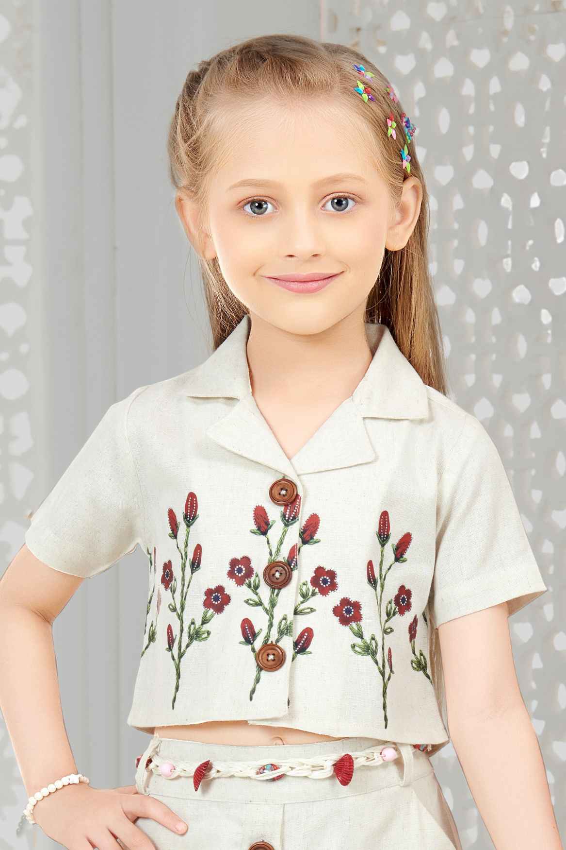 Off White Floral Embroidered Shirt And Skirt Set for Girls