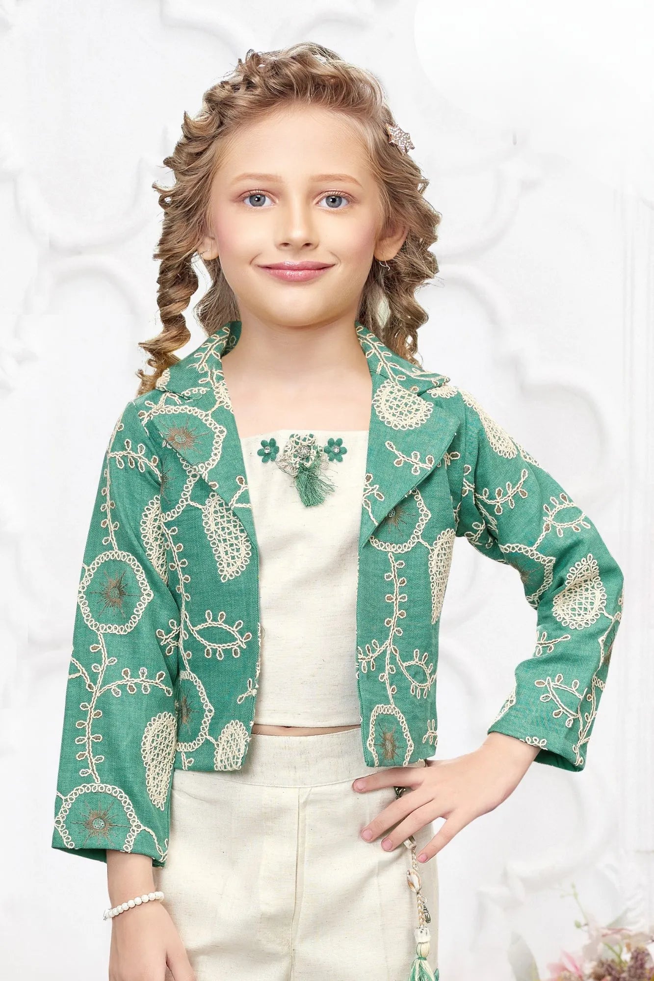 Sea Green Embroidered Jacket & Cream Co-Ord Set For Girls