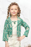 Sea Green Embroidered Jacket & Cream Co-Ord Set For Girls