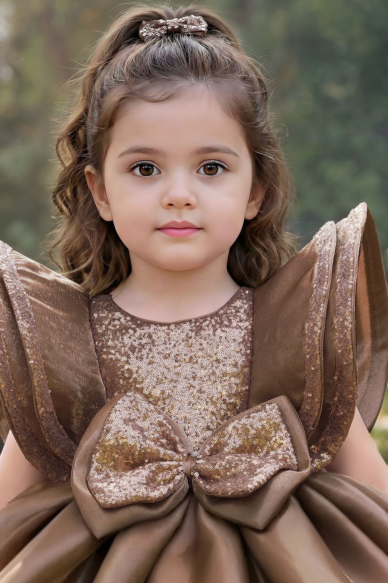 Coffee Brown Statement Bow Party Wear Frock for Girls