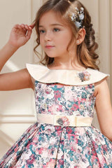 Cream Floral Printed Frock With Bretha Collar For Girls