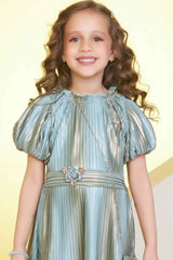 Green Shimmer Frock With Puff Sleeves For Girls