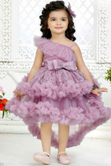 Onion Pink Ruffled Frock With Bow Embellished For Girls