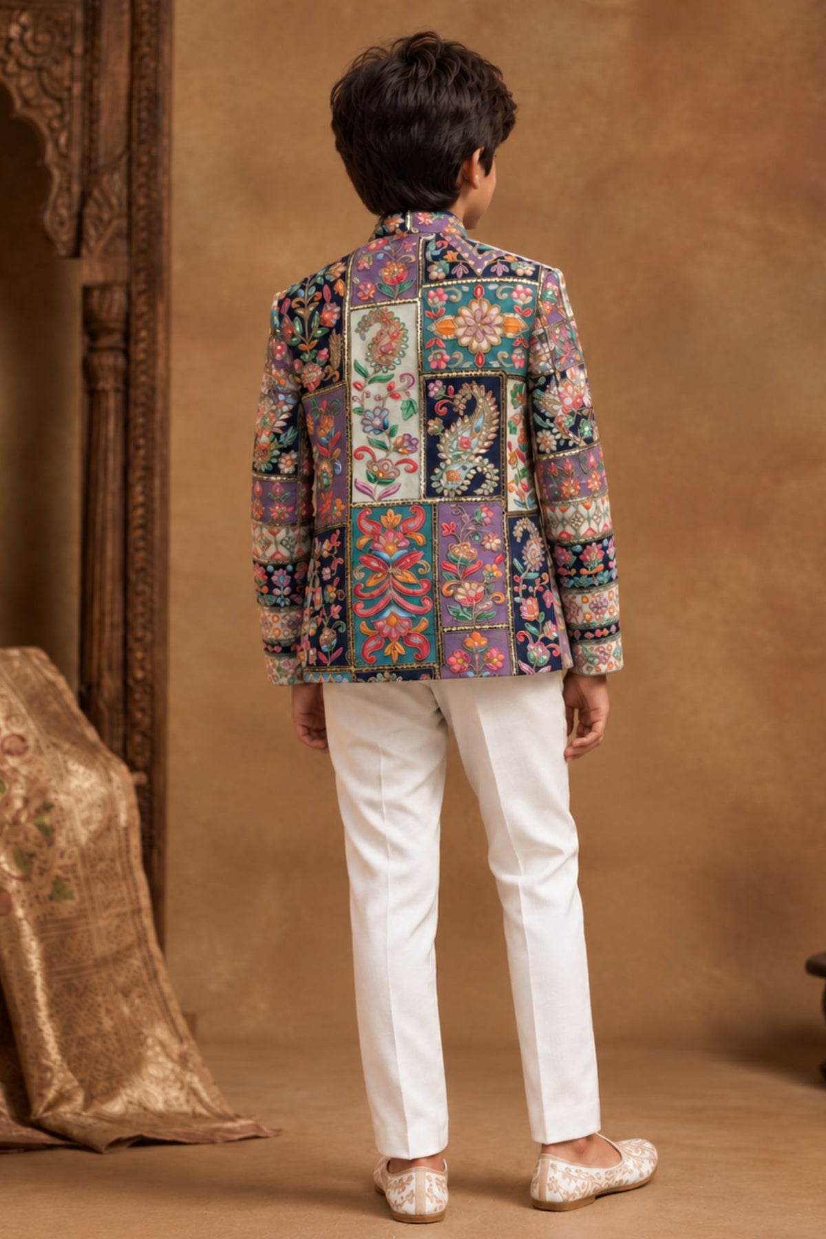 Multicolor Sequin Embroidered Sherwani Set with Tailored Pants For Boys