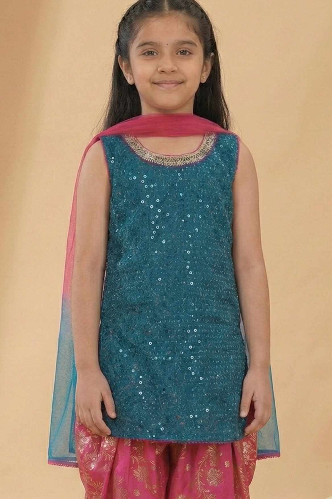 Teal Blue & Pink Seqiuns Embroidered Patiala Set with Dupatta For Girls