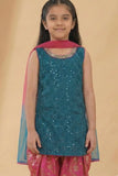 Teal Blue & Pink Seqiuns Embroidered Patiala Set with Dupatta For Girls