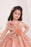 Peach Shimmer Party Gown with Oversized Bow & Floral Accent For Girls