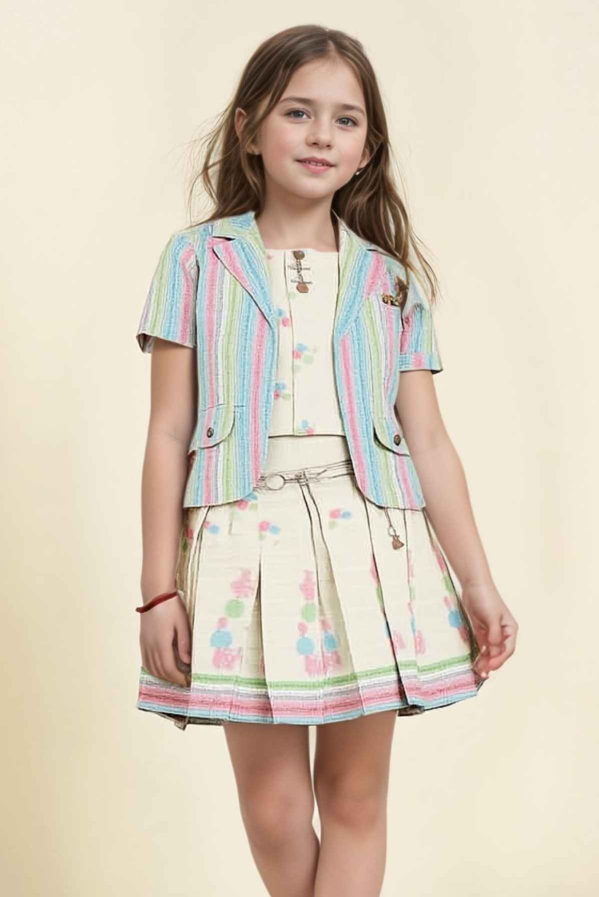 Multicolor Top And Pleated Skirt  Set With Striped Overcoat For Girls