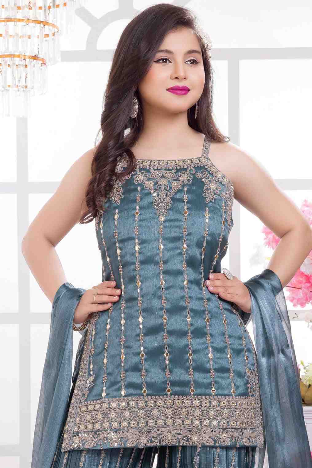 Blue Designer Embroidered Palazzo Set For Girls