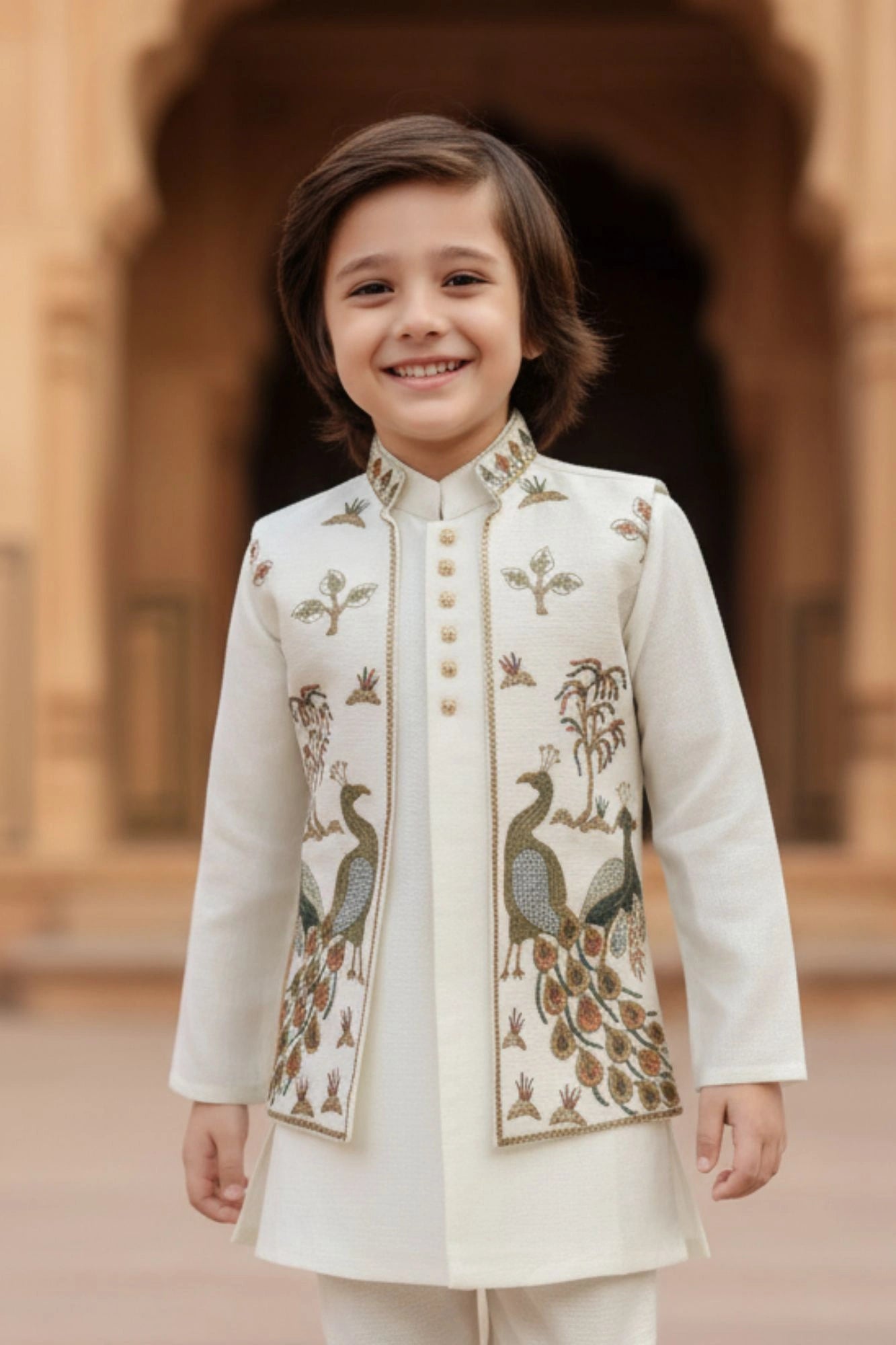 Ivory Embroidered Kurta Jacket Set with Peacock Motif For Boys