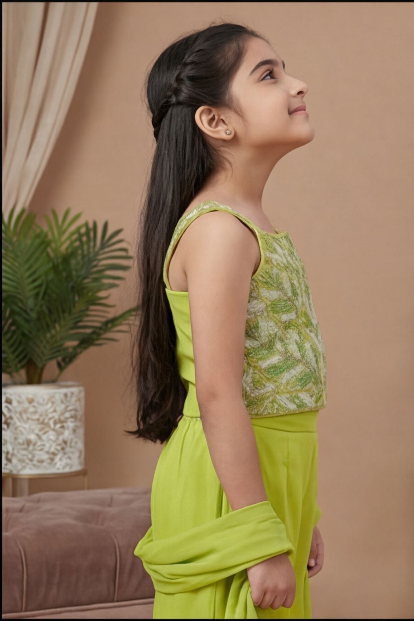 Lime Green Bead Embroidered Top And Flared Palazzo Set with Dupatta For Girls