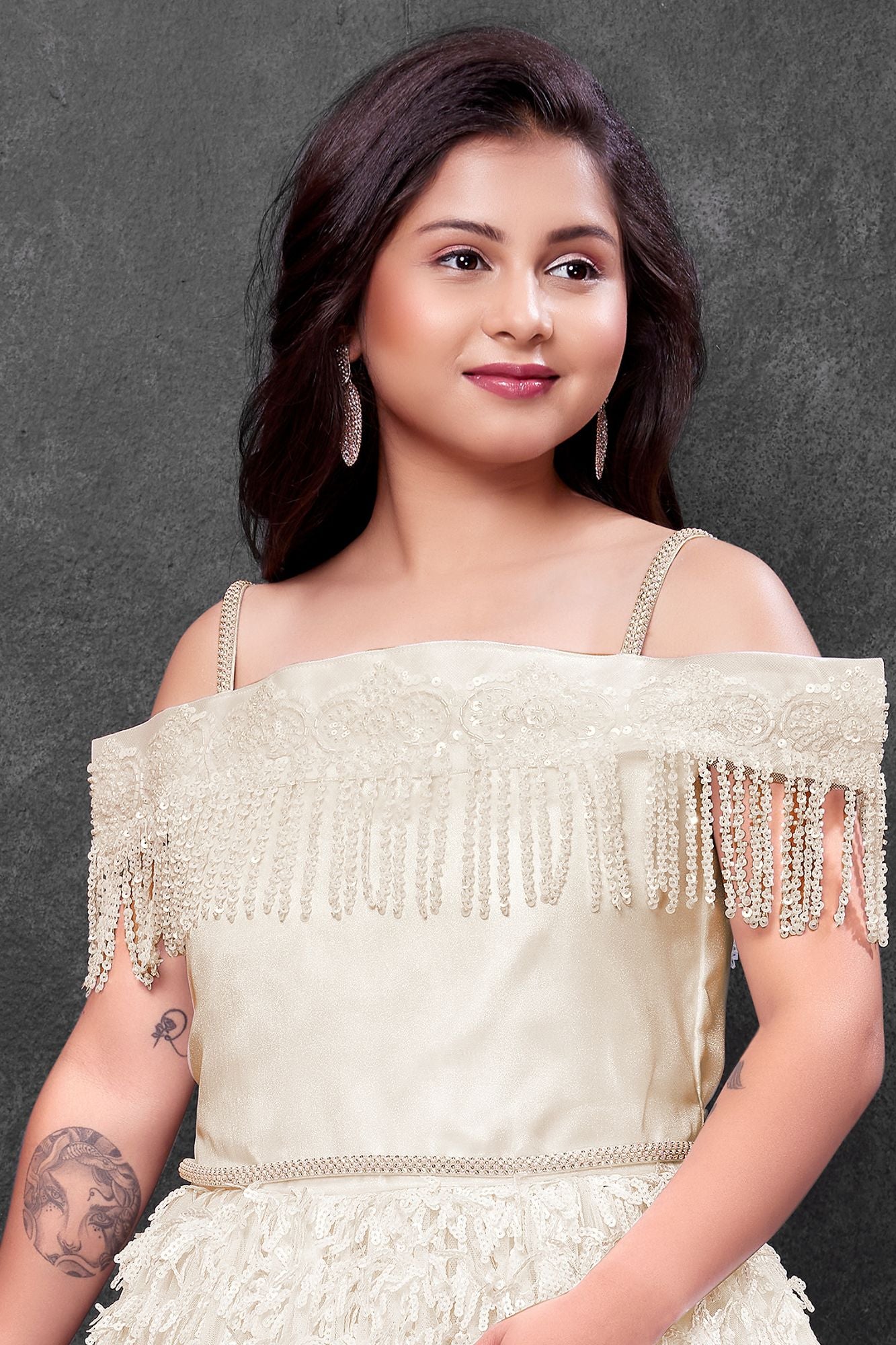 Girls White Off-Shoulder Sequined Party Wear Gown with Fringe And Textured Flared Skirt