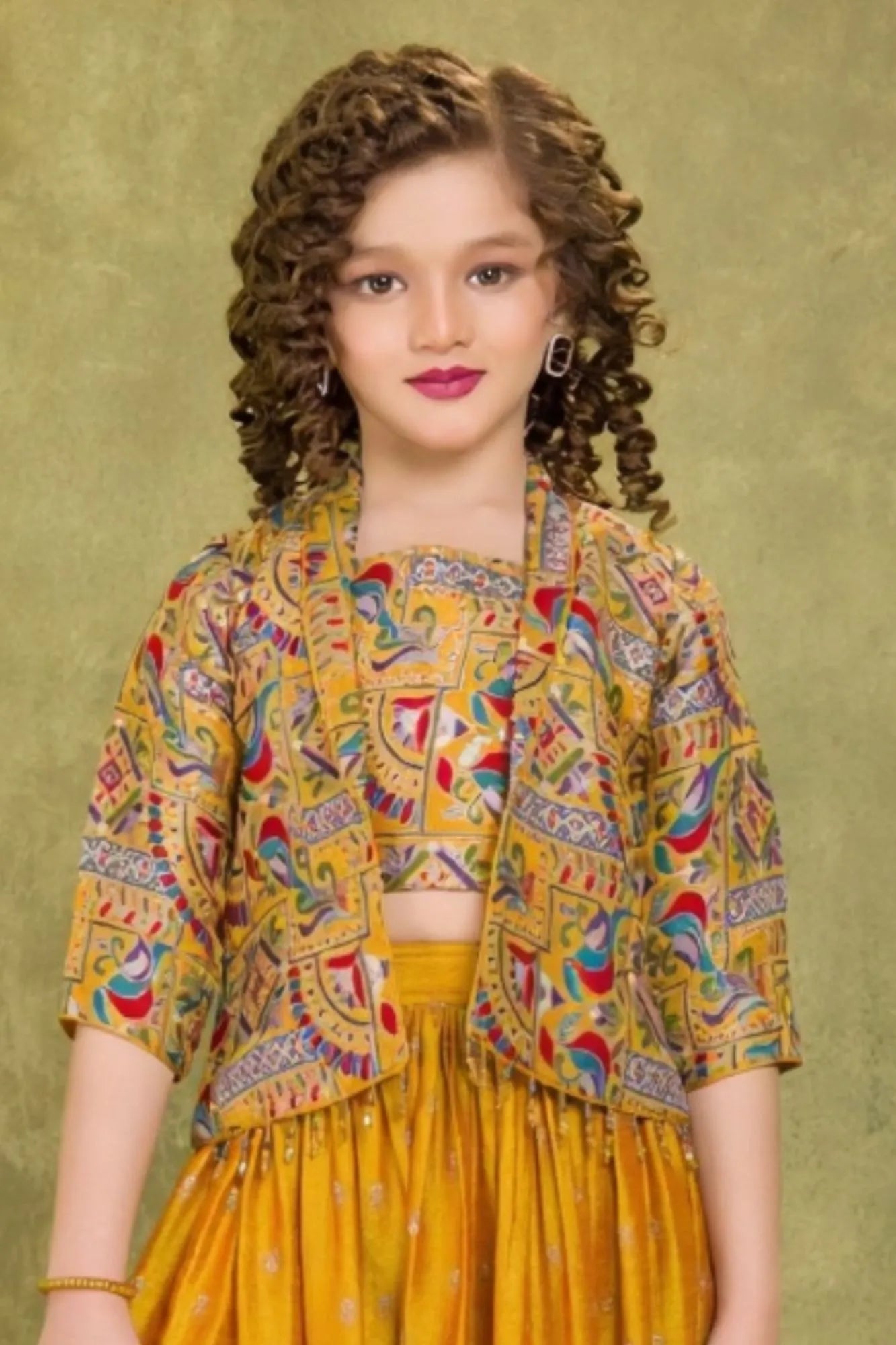 Mustard Yellow Printed Palazzo Set with Multicolor Jacket For Girls