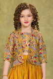 Mustard Yellow Printed Palazzo Set with Multicolor Jacket For Girls