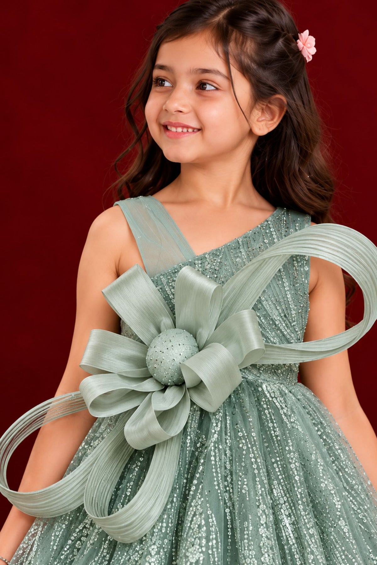 Girls Sage Green Sequin Bow Party Wear Gown