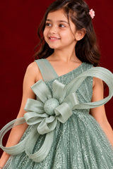 Girls Sage Green Sequin Bow Party Wear Gown