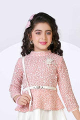 Stylish Pink Full Sleeves Sequins Worked Top With White Skirt Set For Girls