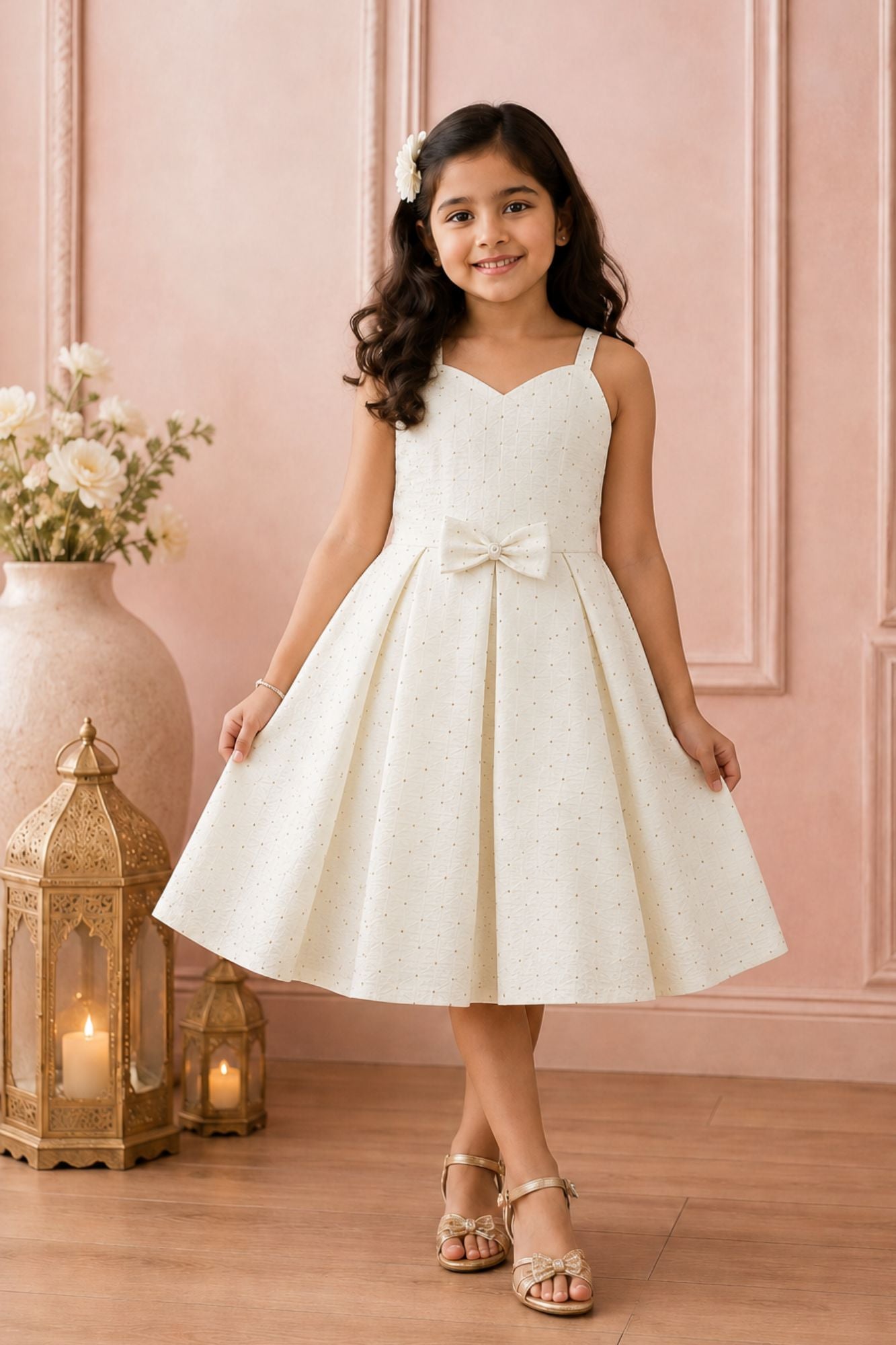 Ivory Embellished Party Frock with Lace Shrug and Bow Detail