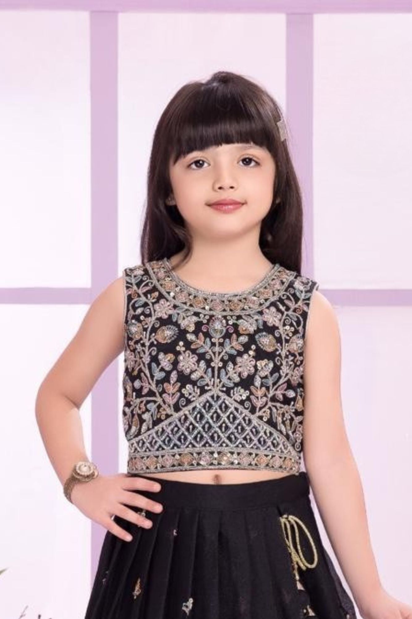 Elegant Black Embroidered Lehenga Choli with Dupatta For Girls