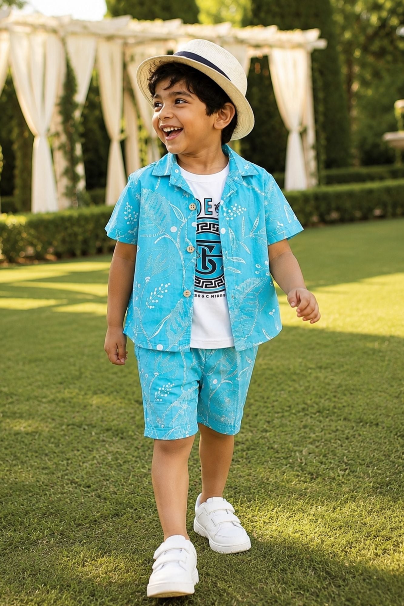 Boys Blue Shorts Set with Printed Shirt And Graphic T-Shirt