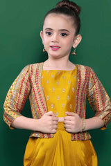 Mustard Sequin Top And Dhoti Bottom Set With Brocade Overcoat For Girls