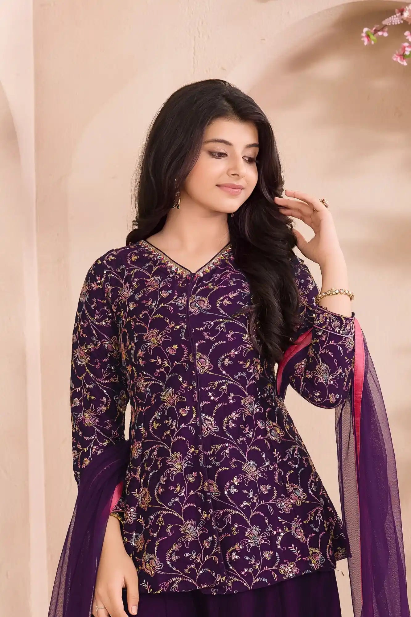 Wine Palazzo Set with Multicolor Floral Embroidered Top And Dupatta for Girls