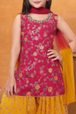 Rani Pink Kurti With Gold Patiala Suit Set For Girls
