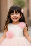 Pink & White Embellished Party Wear Frock with Floral Appliqué For Girls
