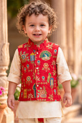 Boys Ivory And Red Printed Waistcoat Dhoti Kurta Set