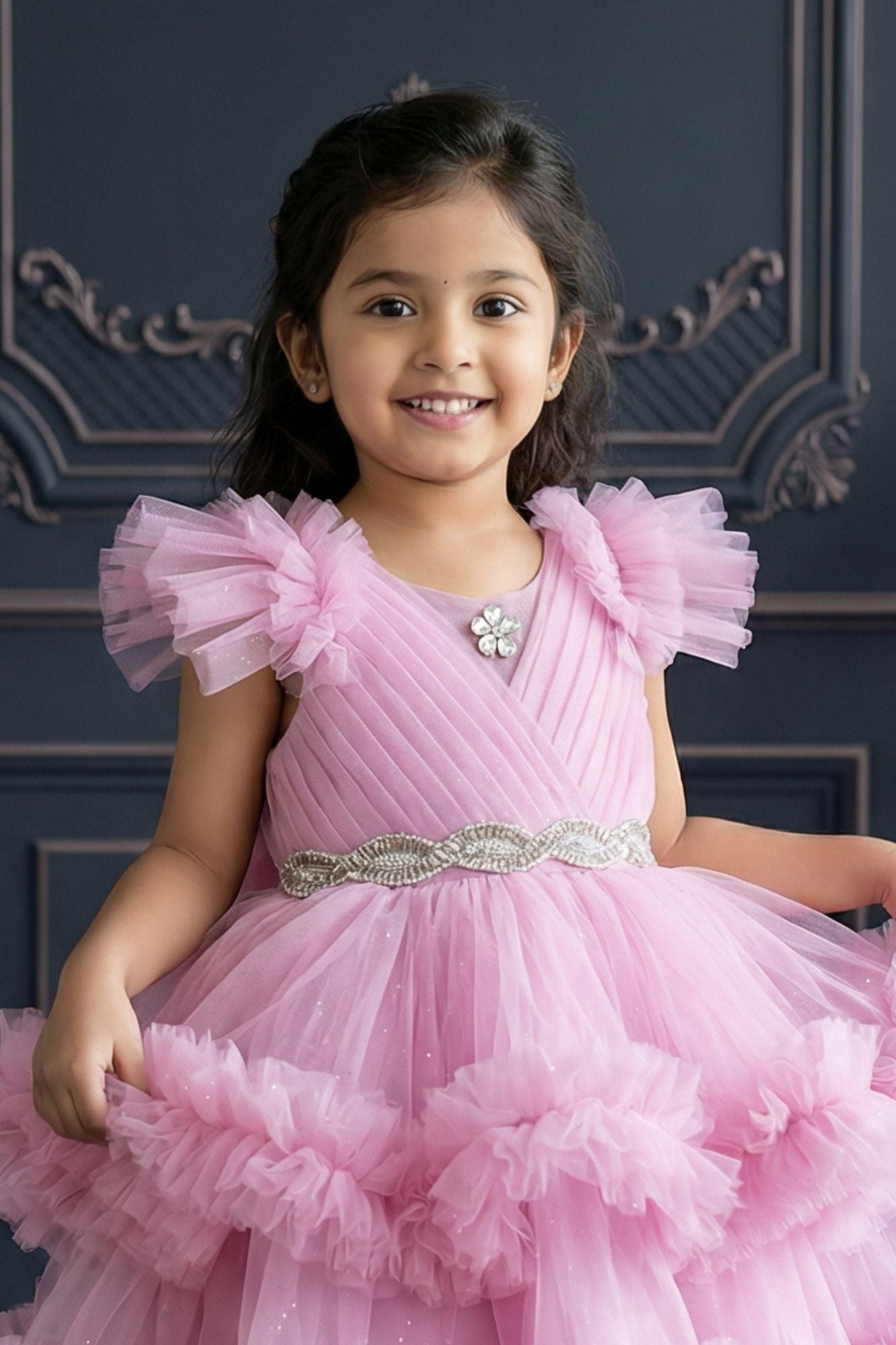 Pink Layered Ruffle High-Low Party Wear Frock For Girls