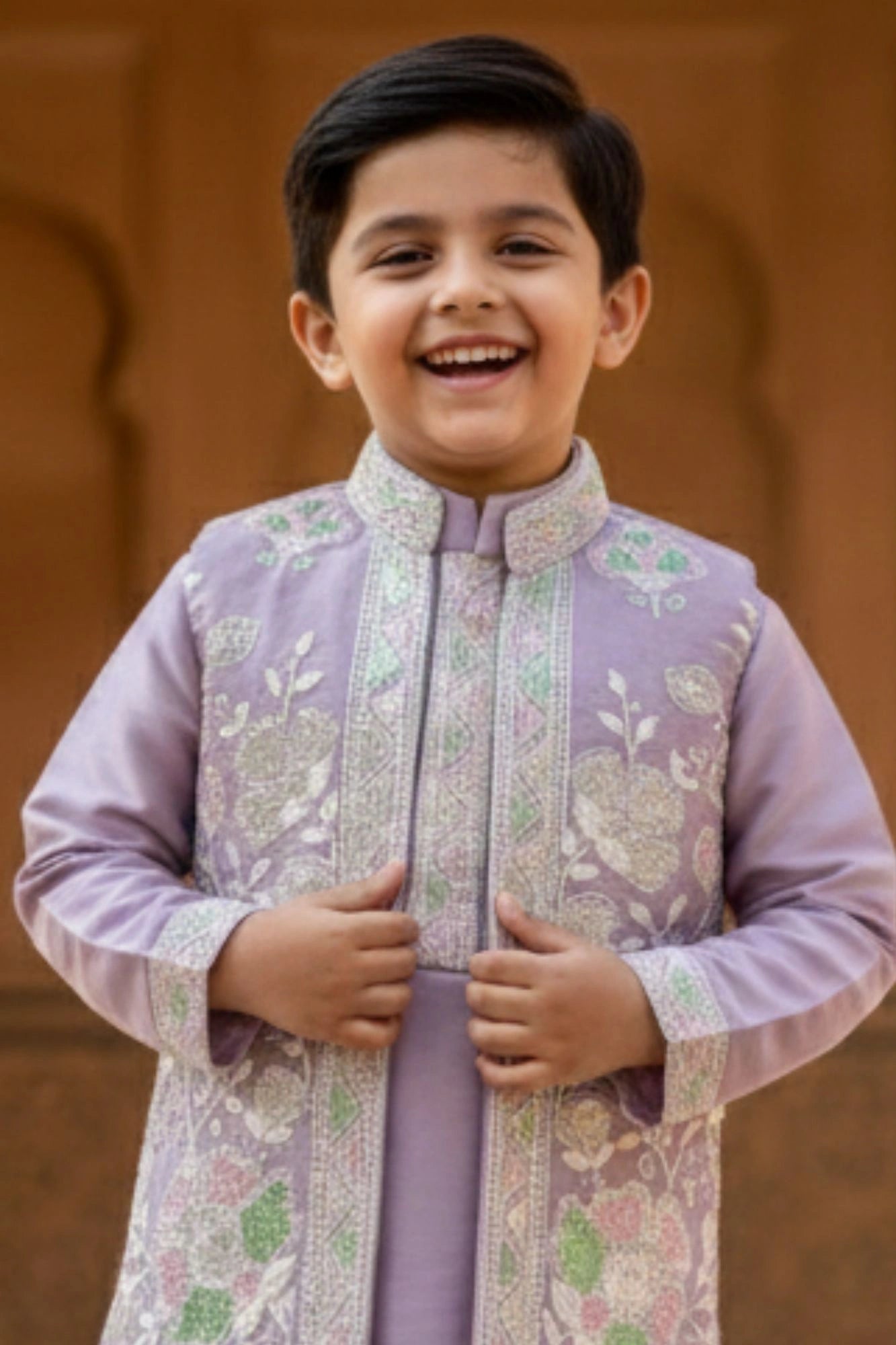 Lavender Embroidered Festive Kurta Pyjama Set with Jacket For Boys