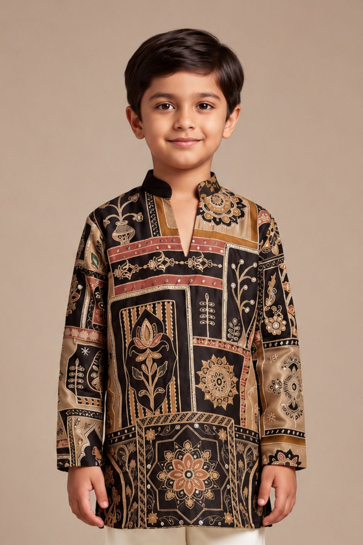 Boys Regal Black Traditional  Printed Kurta Set