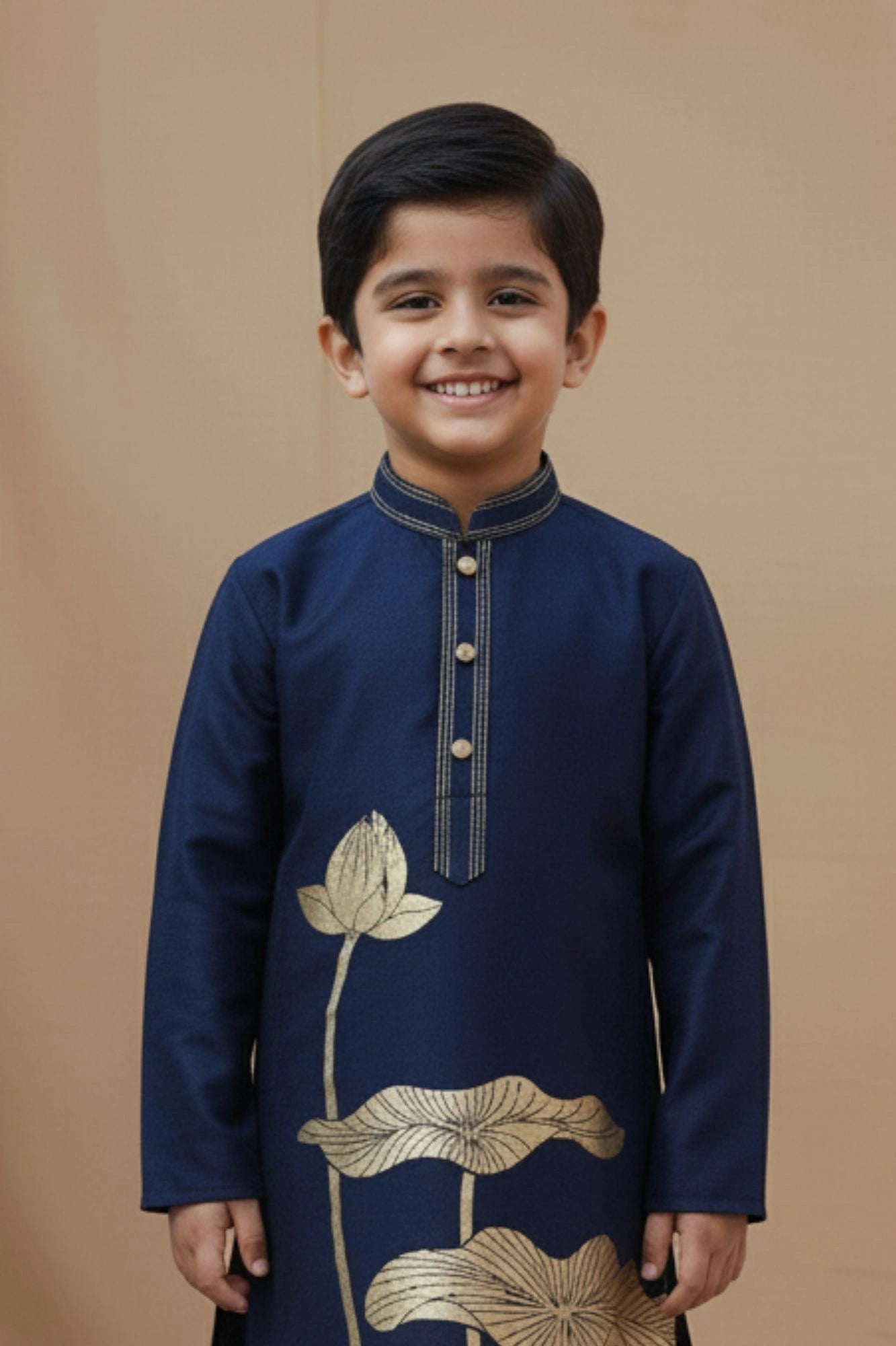 Navy Blue Lotus Foil Printed Kurta Set For Boys