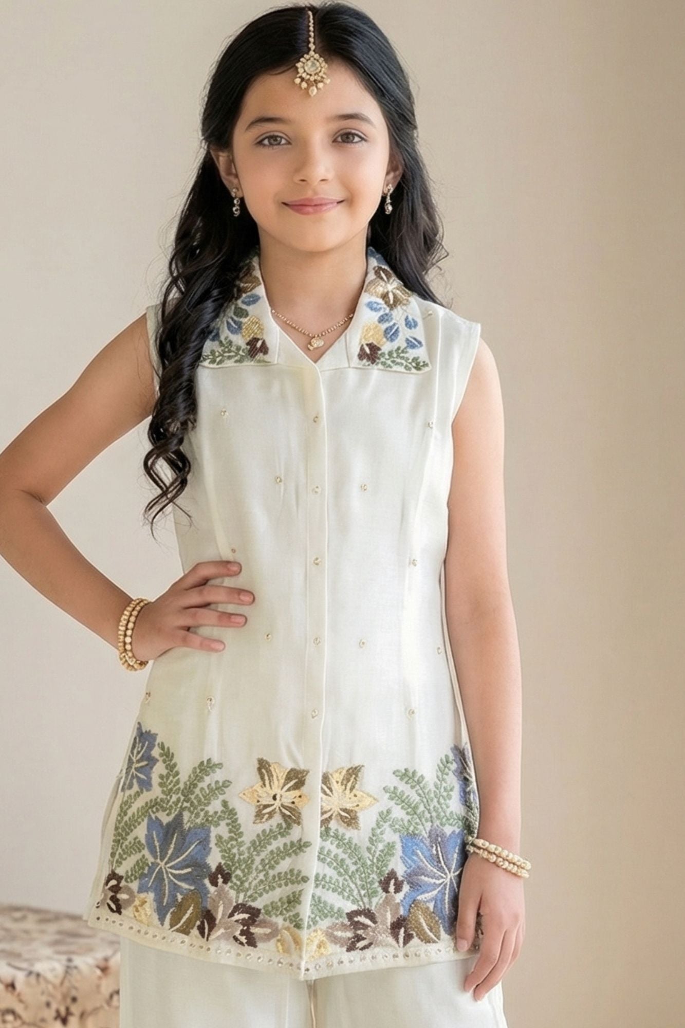 Cream Floral Embroidered Plazzo Set For Girls