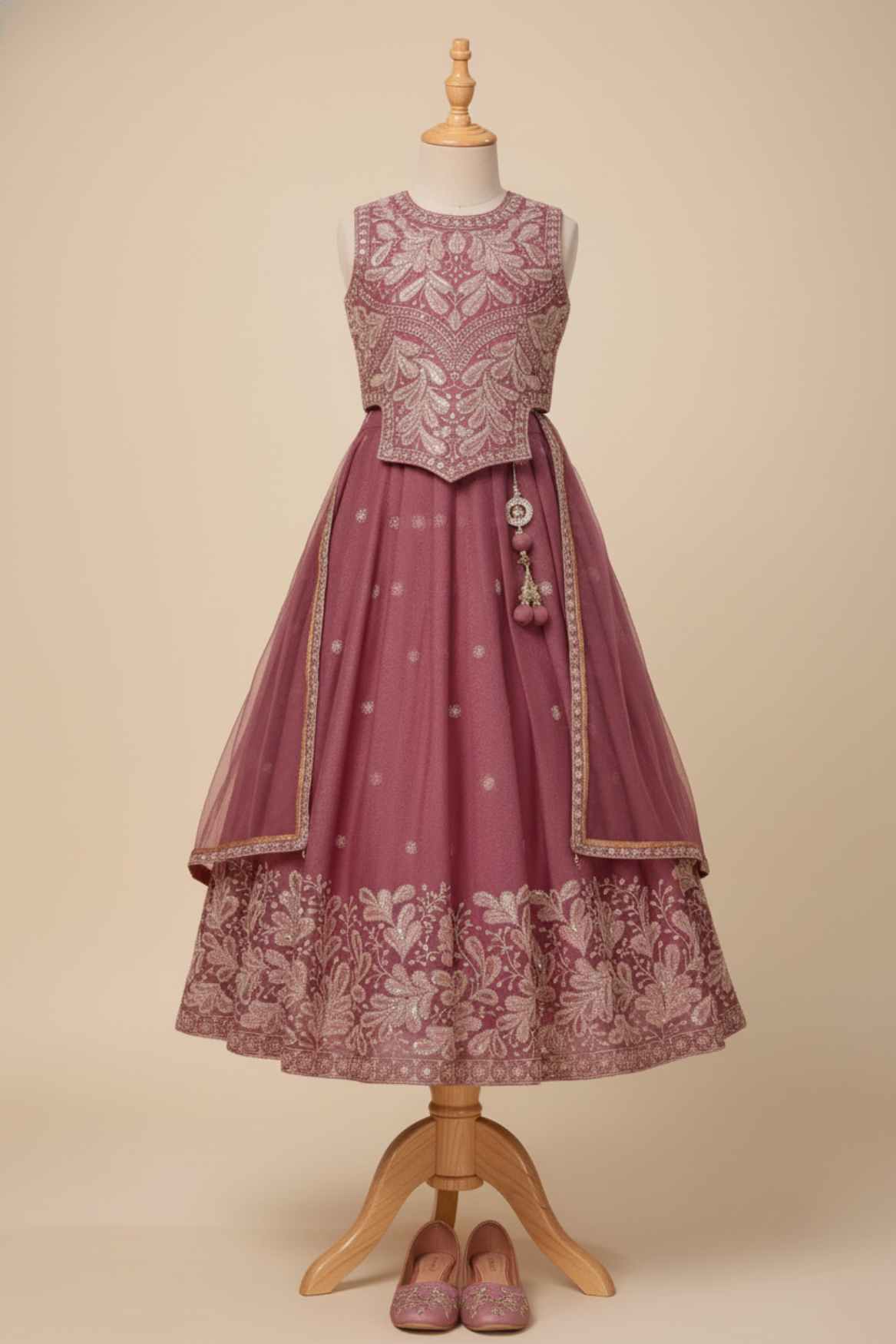 Mauve Ethnic Embroidered Lehenga Choli Set  For Girls