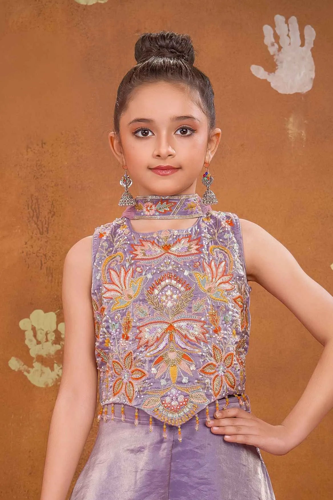 Lavender Embroidered Palazzo Set For Girls