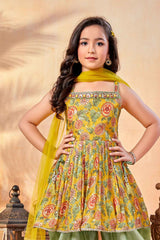 Mustard Floral Printed And Sequin Top With Dhoti Bottom Set For Girls