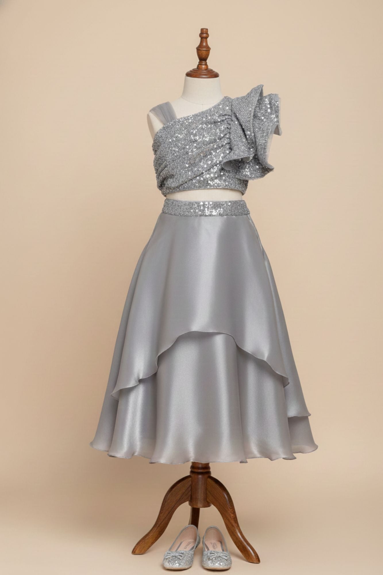 Silver Organza Lehenga Choli And Dupatta For Girls