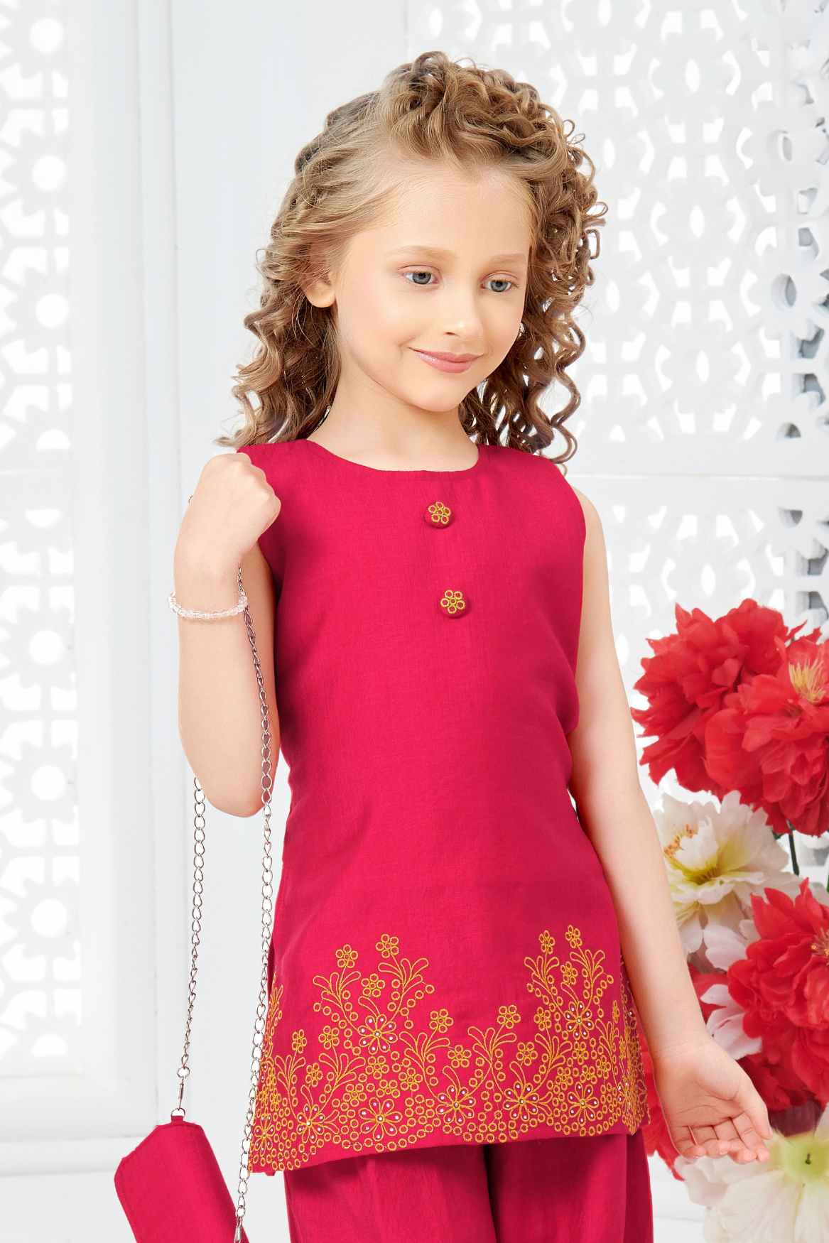 Rani Pink Floral Printed Palazzo Set With Sling Bag For Girls