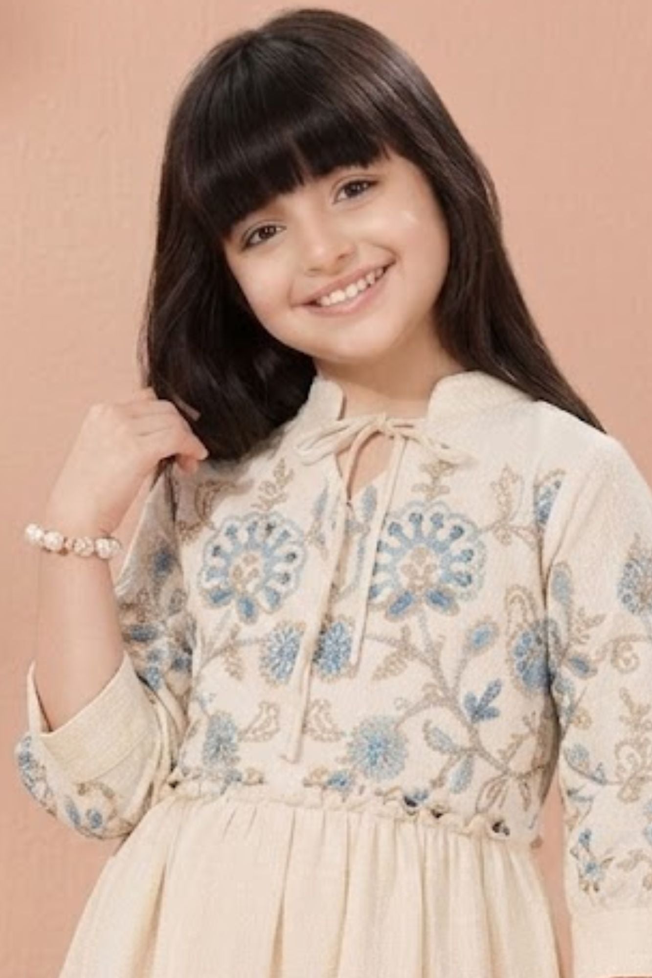 Beige Floral Embroidered Midi Dress For Girls