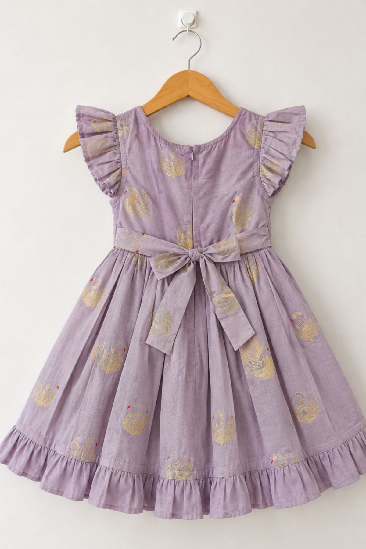 Lilac Swan Embroidered Ruffle Sleeve Flared Dress For Girls