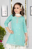 Firozi And White Mirror Embroidery Sharara Set For Girls