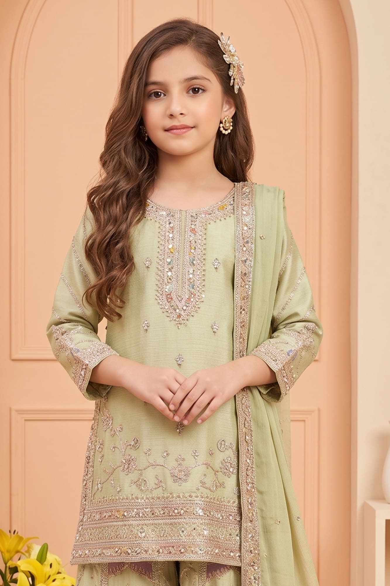 Pista Green Zari Embroidered Designer Wear Palazzo Set