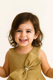 Gold Shimmer Party Dress With Oversized Bow For Girls